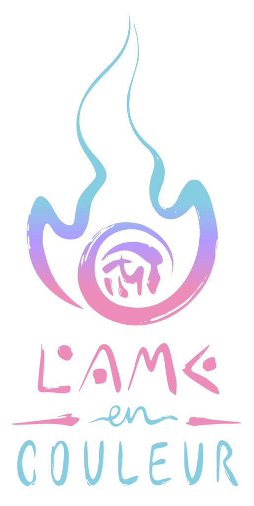 Logo L'AME en COULEUR, flamme dégradée bleue et rose avec spirale et symboles mystiques artistiques.
