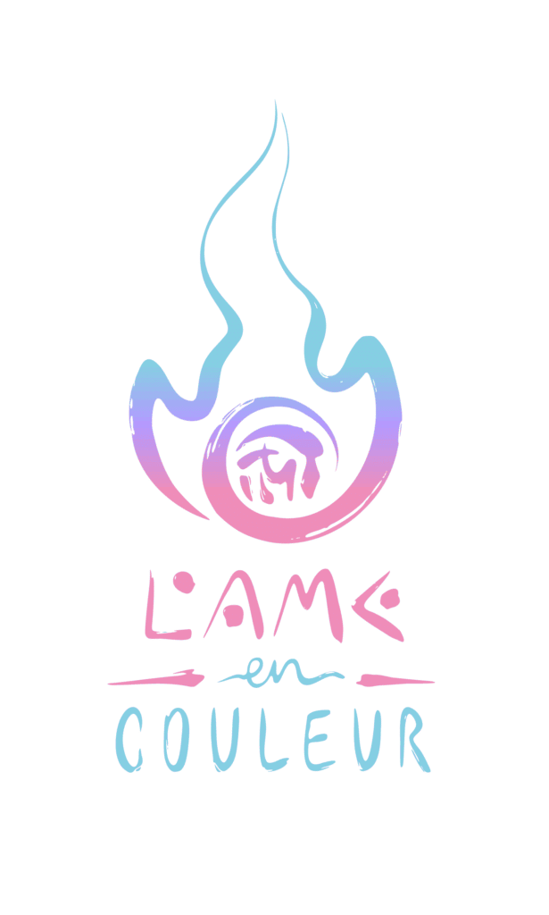 Logo L'ÂME en COULEUR : Design de Flamme Pastel Artistique Logo artistique L'ÂME en COULEUR avec une flamme aux nuances pastel bleu et rose, style coup de pinceau.