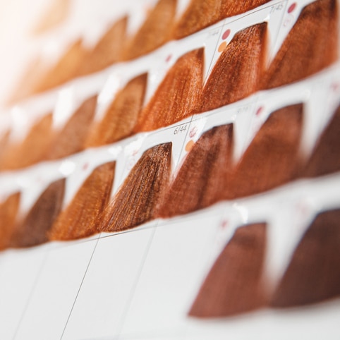 Nuancier de Coloration Cheveux : Teintes Cuivrées et Marron Nuancier de mèches de cheveux pour coloration capillaire aux teintes cuivrées et marron avec codes de couleurs.